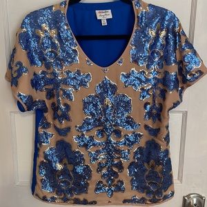 Tracy Reese Sequined Blouse Small, blue,beige